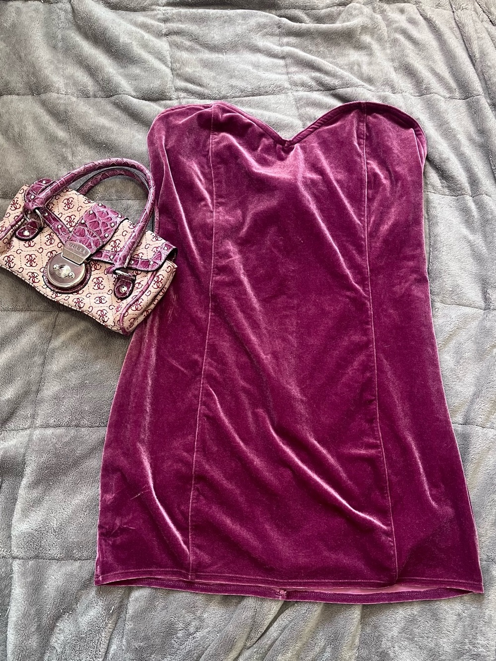 Strapless plum dress with matching bag
